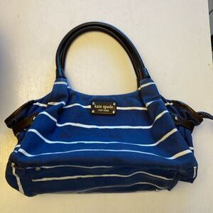 KATE SPADE NAVY with White Stripes Canvas Bag with Brown Leather Handles & Trim